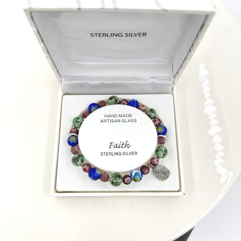 Faith Sterling Silver Artisan Glass Beaded Bracelet Hand Made With‎ Box